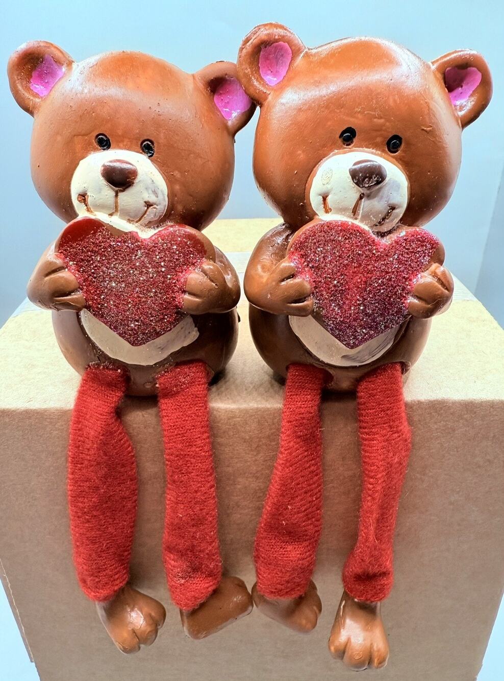 Valentine Bears Shelf Sitters Ceramic Figurine Couple Pair Holding Heart Vintage